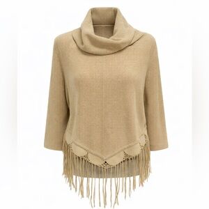 Supertrash Crop Beige Cowl Neck Sweater with Fringe